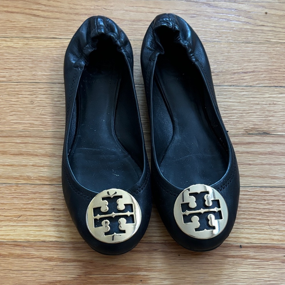 Tory Burch Black Flats with Gold Emblem